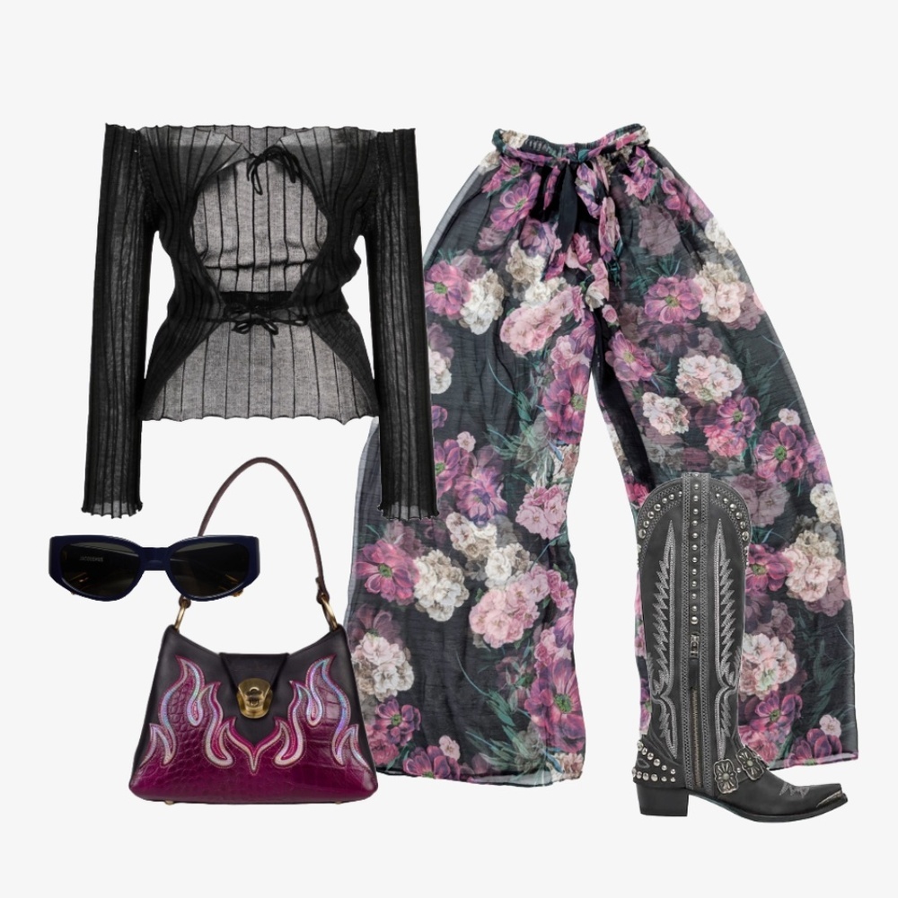Sheer Floral Wide Leg Pants Transparent Belted Capris Flowers Moody